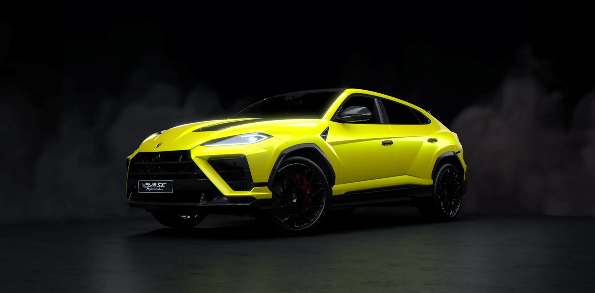 Super SUV Lamborghini Urus Performante amarelo em estúdio escuro.