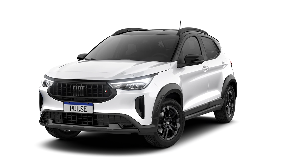 Fiat Pulse BlackMotion 2027 branco com teto preto, visto de frente em &acirc;ngulo dianteiro