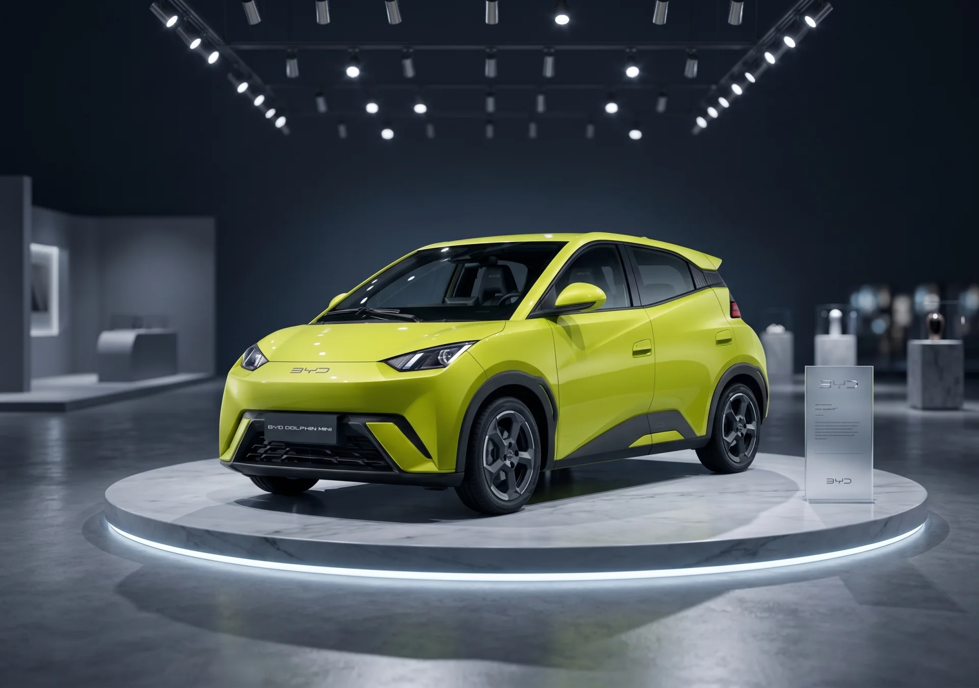 Novo BYD Dolphin Mini, carro elétrico compacto na cor verde-limão, em exibição num showroom de concessionária BYD com iluminação de LED e pedestal de mármore.