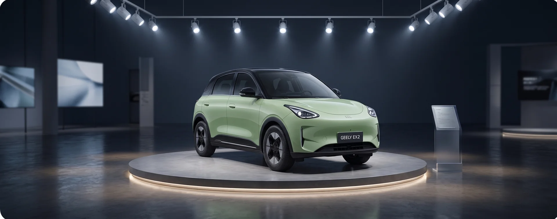 Fotografia de estúdio de um Geely EX2 verde menta com teto preto, estacionado em um pedestal circular iluminado por LED. O fundo é um showroom escuro com múltiplos refletores no teto e displays digitais desfocados. Uma placa de informações está à direita.