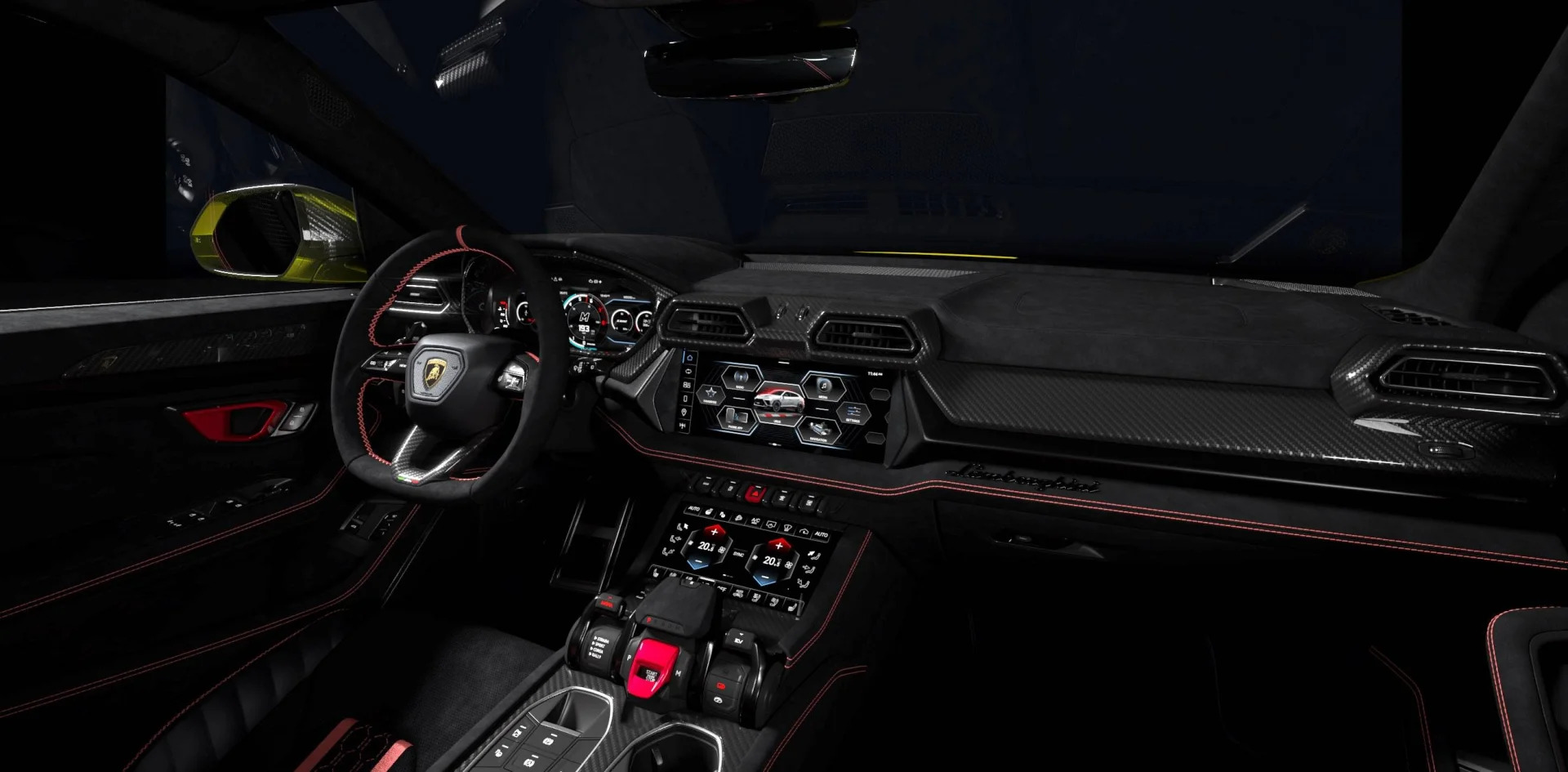 nterior luxuoso e tecnol&oacute;gico da Lamborghini Urus com detalhes em fibra de carbono, alc&acirc;ntara e costuras vermelhas contrastantes. Destaca os materiais premium.